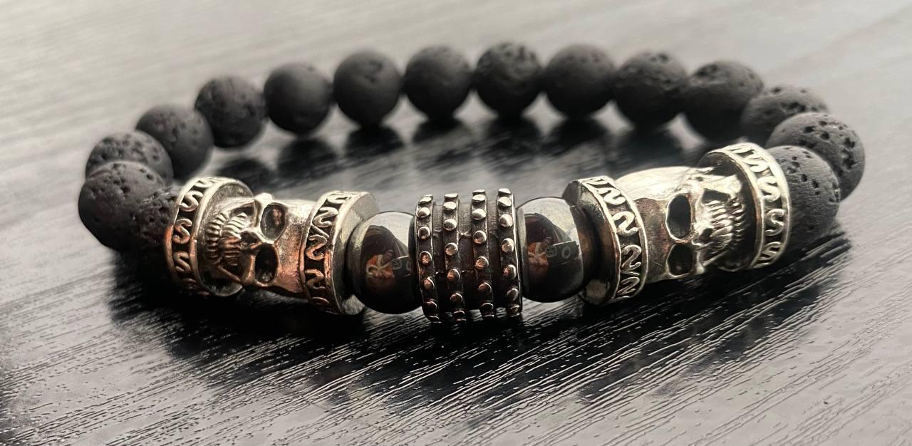 Браслет LITAURS натуральный камень гематит/лавовый камень с металлическими вставками L 18-21 см (241206-1) - фото 5