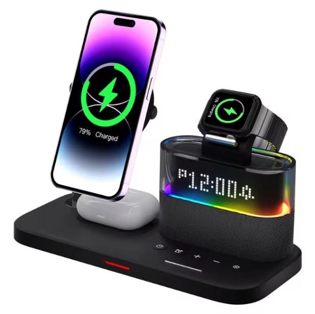 Док-станция беспроводная с часами QINETIQ 3в1 Blue neon series QN-9 for Iphone Magsafe (2154054381)