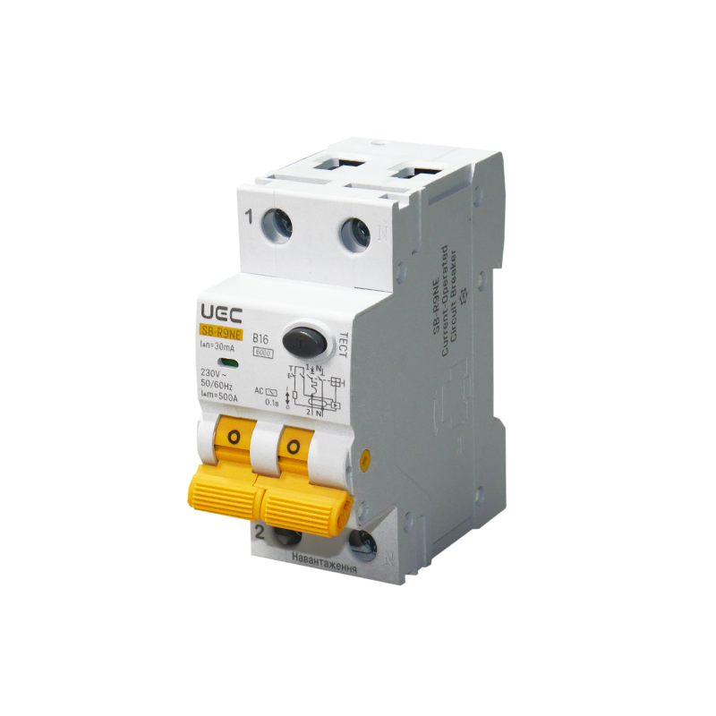 Дифференциальный выключатель UEC SB-R9NE 2P 16А 30мА 6кА тип АС (RCBO60-2-016-B-030-AC)