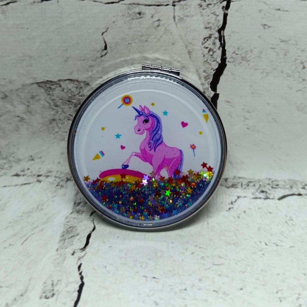 Зеркало карманное косметическое Единорог жидкие блестки 7х7 см (А20-4)