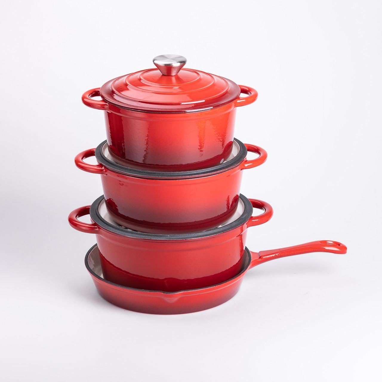 Набор чугунной посуды с эмалированным покрытием сковорода/3 кастрюли Красный (6816) - фото 4 Набор чугунной посуды с эмалированным покрытием сковорода/3 кастрюли Красный (6816) - фото 4