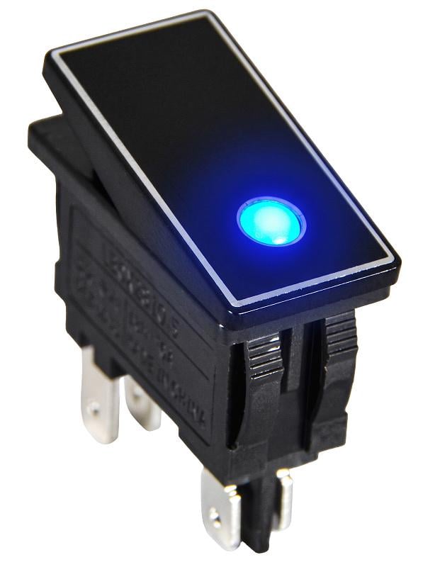 Переключатель АСКО KCD3-M1-201EN-BB 1 клавиша 1NO 30,5 мм 16A с подсветкой синий LED 230V алюминиевая вставка Черный (A0140010308)