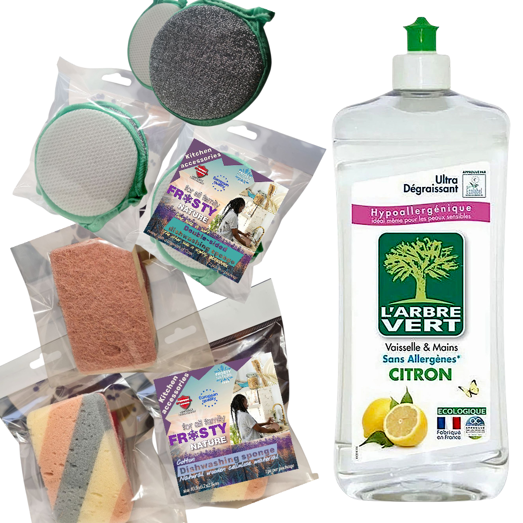 Набор средств для мытья посуды L'Arbre Vert/губки для посуды FROSTY NATURE Double-sided 2 шт./Cotton wood cellulose 1 шт. (111157)