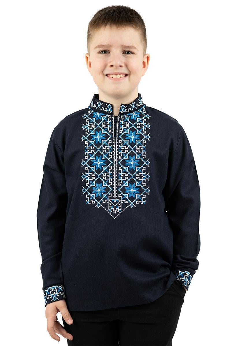 Вышиванка для мальчика с голубой и белой вышивкой из льна 158 см Темно-синий (2136600661) - фото 3