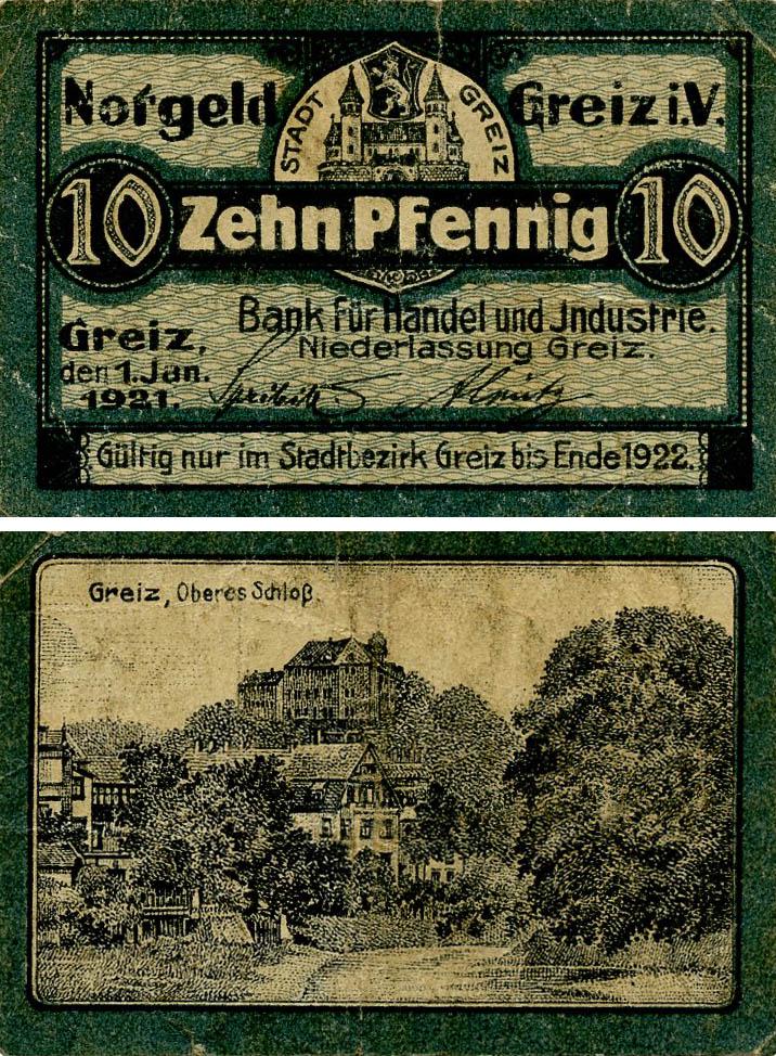Колекційна банкнота Німеччина Нотгельд 10 пфеннігів 1921 F-VF Грайц (Б18469)