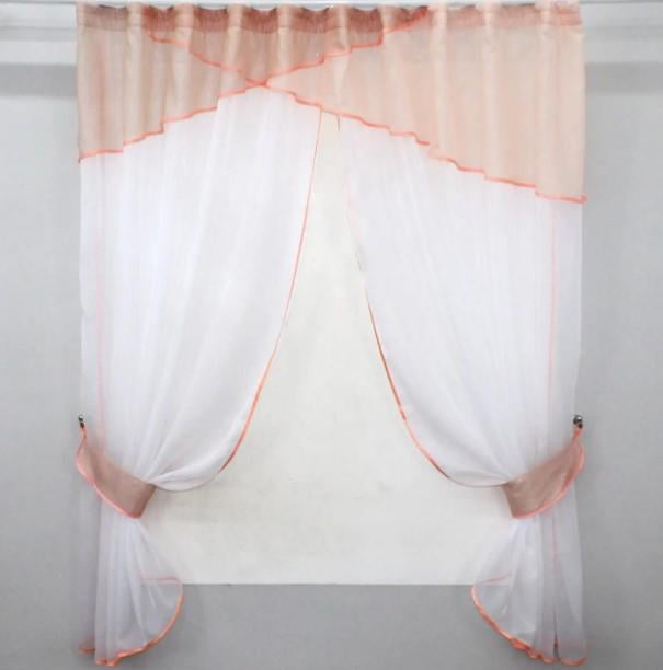 Однотонные шторки на кухню 260х170 см Персиковый/Белый (091к)