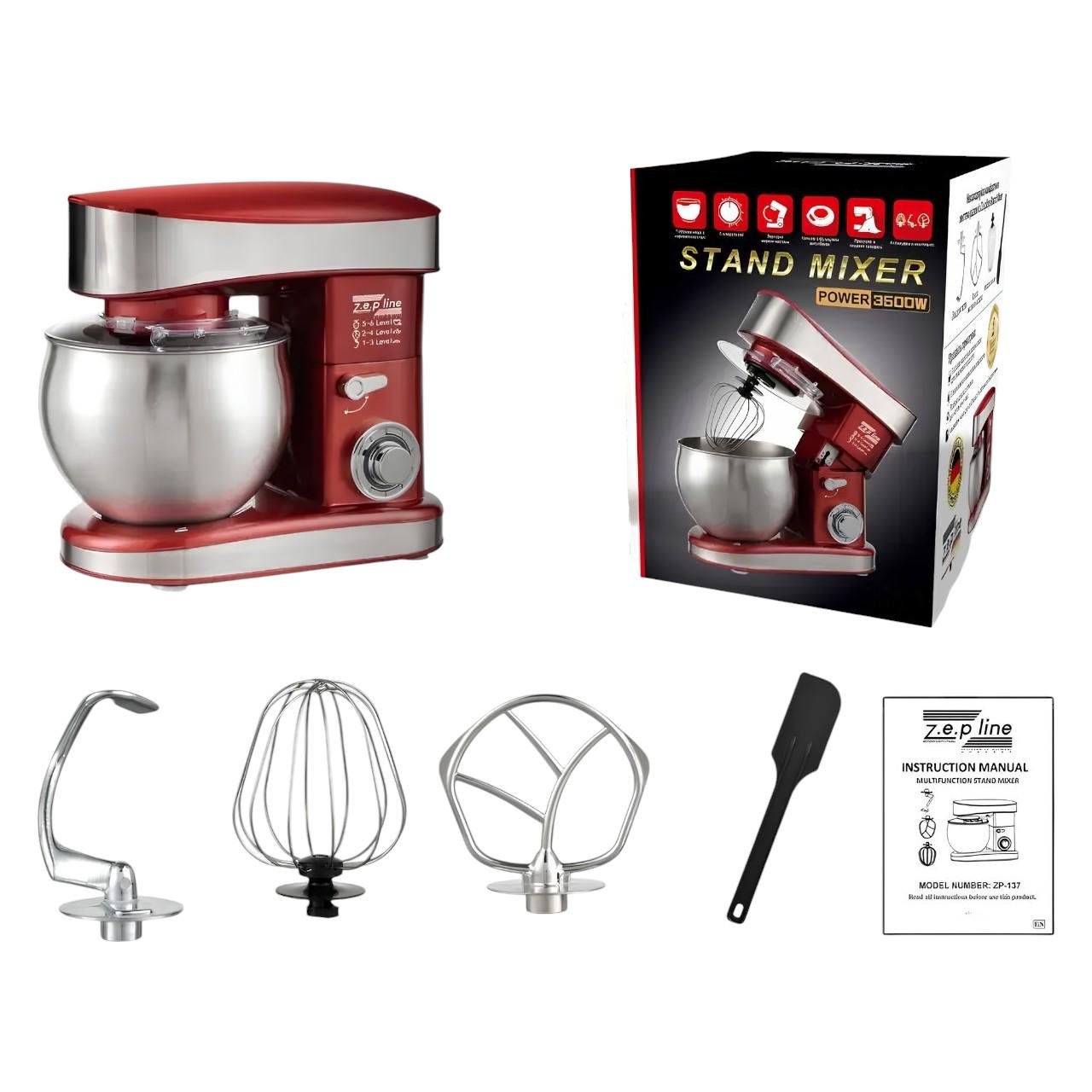 Тістоміс для кухні Zepline стаціонарний на 6 скоростей с 3 насадками 3500 Вт 7 л Червоний (ZP-137 ) - фото 8