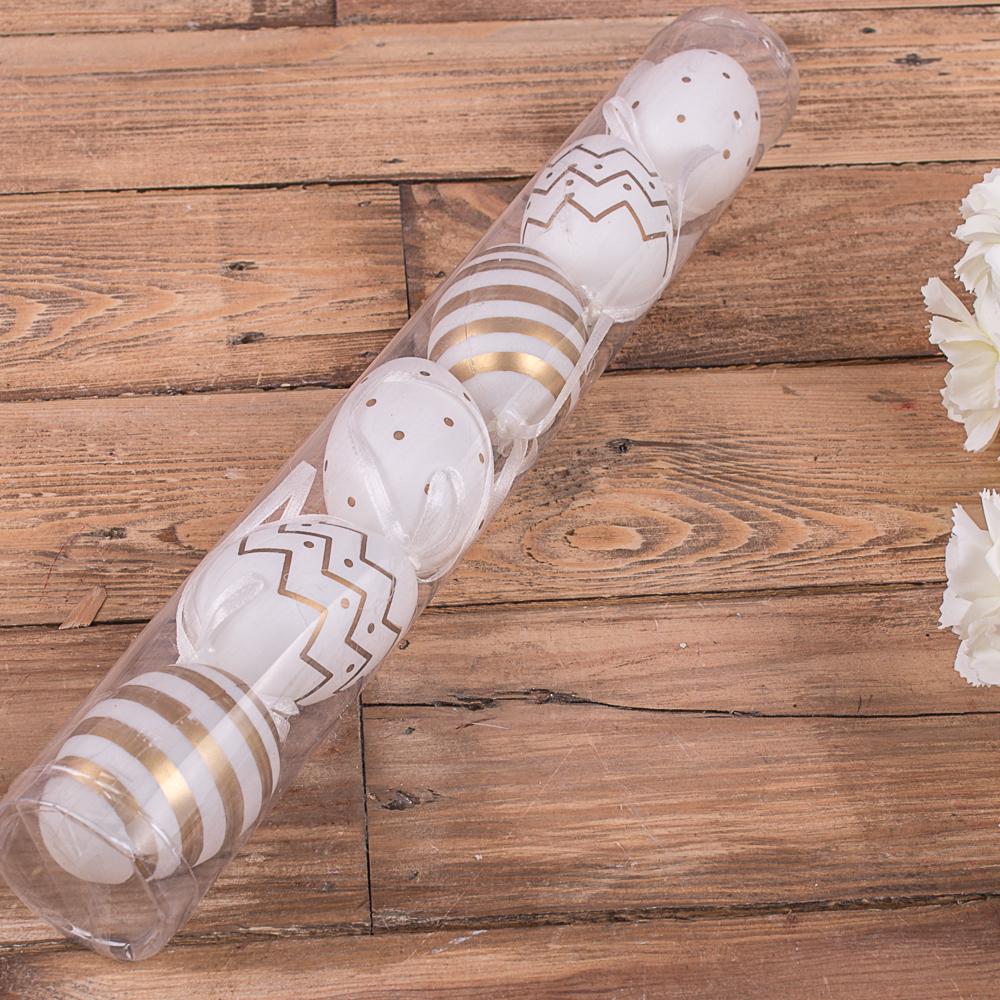 Яйца в тубусе пластиковые для декора 6 шт. Белый/Золотой (3553-26)