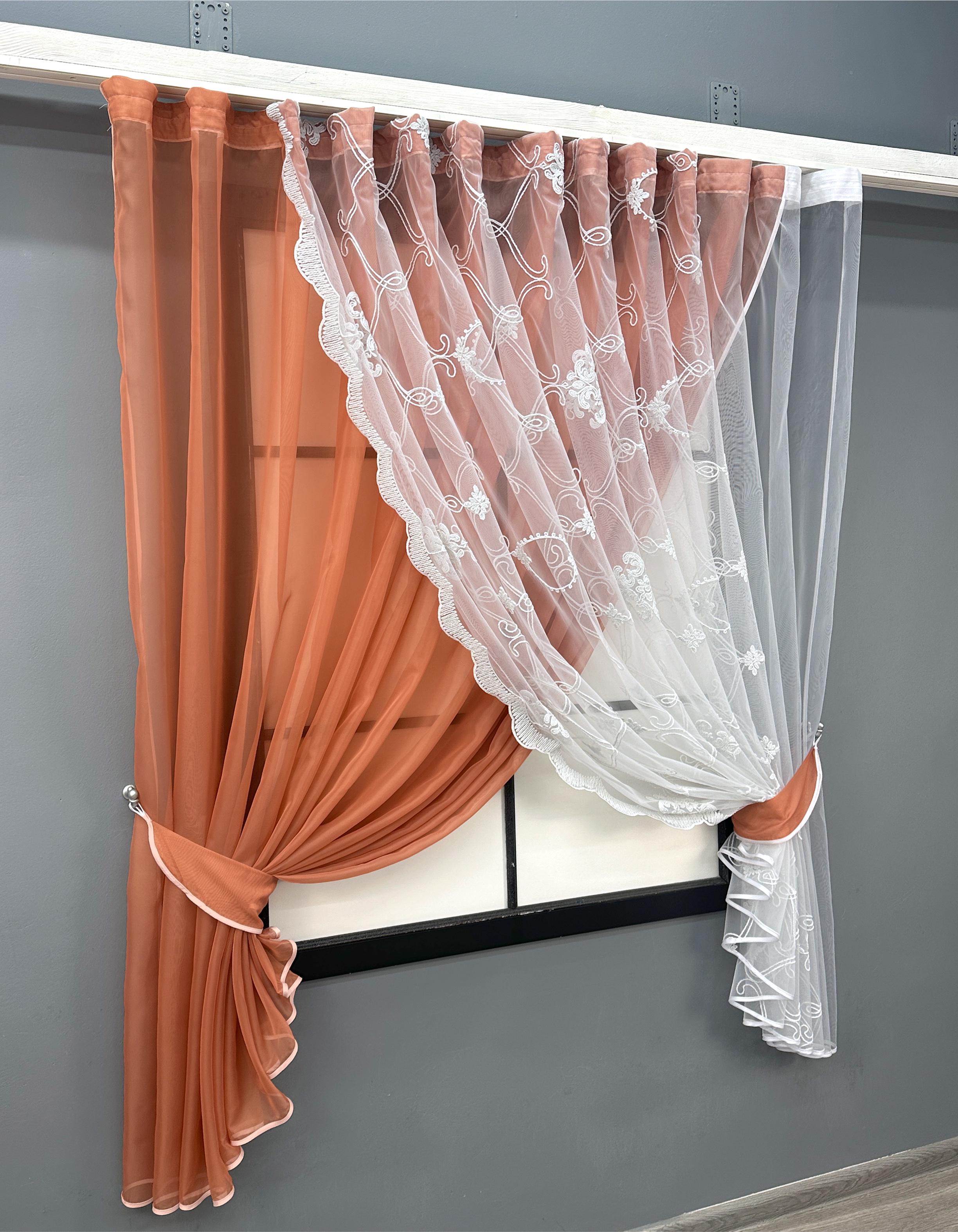 Шторки кухонные VR-Textil № 101к с подвязками 330х170 см Коралловый/Белый (52-1191) - фото 2 Шторки кухонные VR-Textil № 101к с подвязками 330х170 см Коралловый/Белый (52-1191) - фото 2