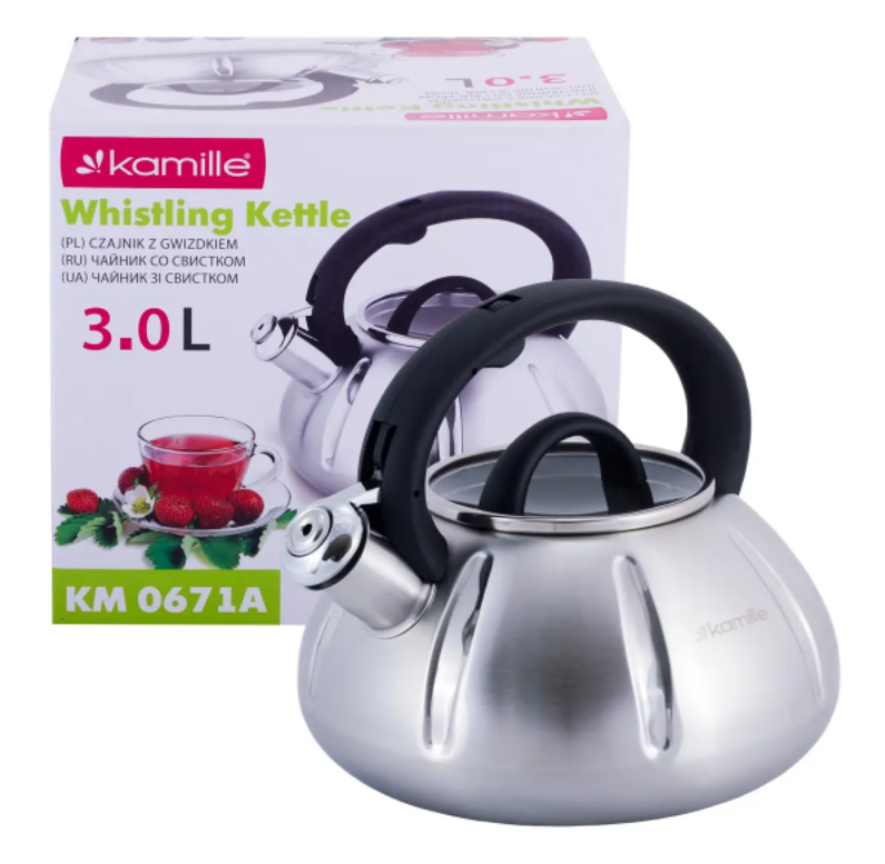 Чайник Kamille KM-0671A из нержавеющей стали со свистком для индукции и газа 3 л (NA002351)