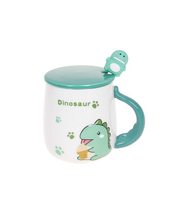 Кружка фарфоровая с крышкой и ложкой BonaDi Dinosaur 430 мл Белый/Зеленый (927-224-3)