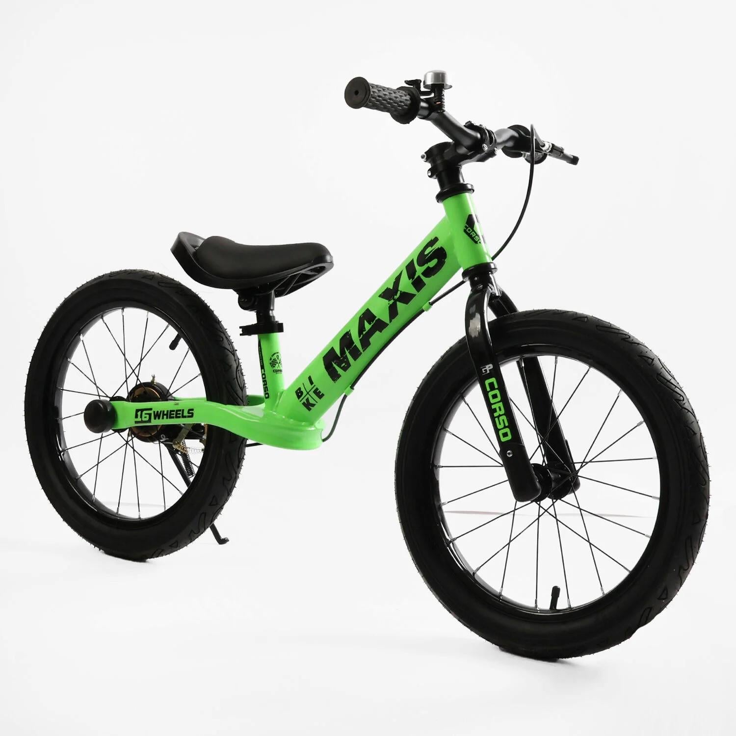 Беговел Corso Maxis стальная рама ручной задний тормоз надувные колеса резиновые 16" подножка/звонок Зеленый (MX-80144)