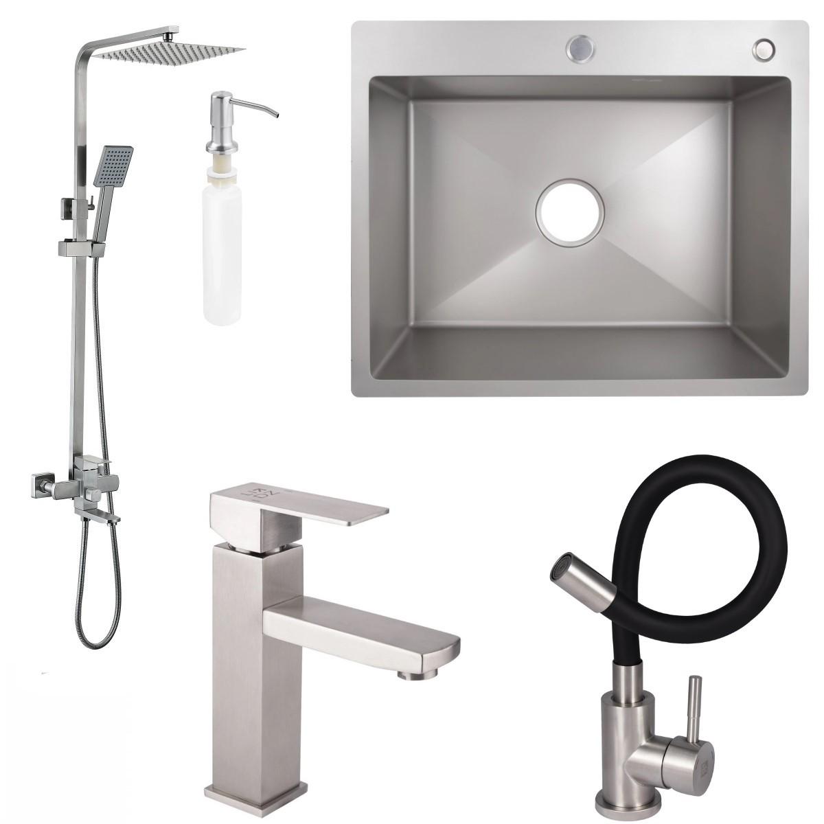 Мойка Lidz 6050/смеситель гибкий/душевая система Kubis 1030/смеситель для раковины Kubis 001F