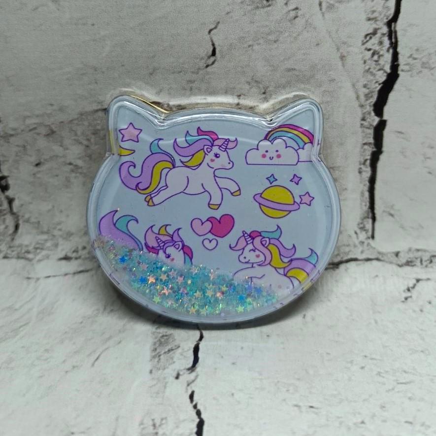 Зеркало карманное косметическое Единорог жидкие блестки 7,5х7 см (А51-10)