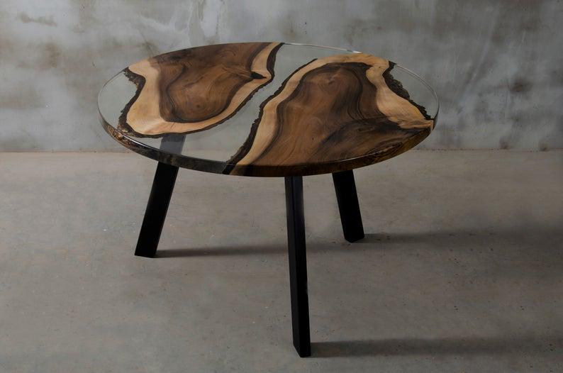 Стіл журнальний річка Токіо дизайнерський круглий з прозорої епоксидної смоли та масиву горіха 800х480 мм