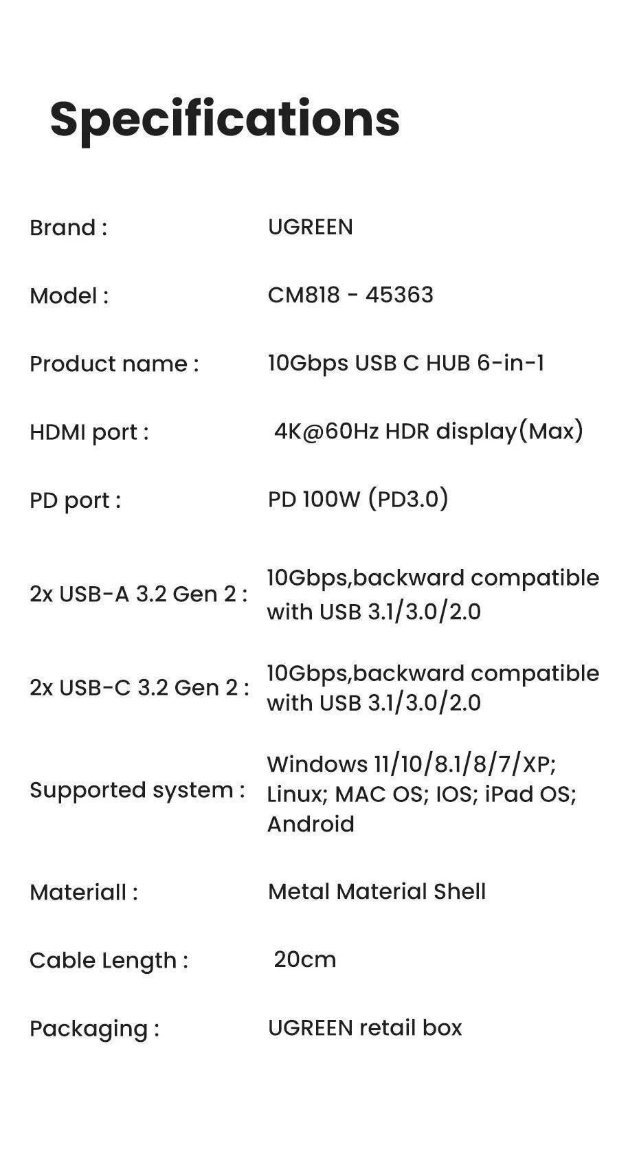 USB-хаб UGREEN 2хUSB-C 3.2 2хUSB-A 3.2 10 Гбіт/с HDMI 4K 60 Гц PD 100 Вт Сірий (45363) - фото 8