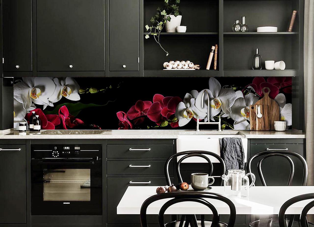 Кухонный фартук Сочные орхидеи из самоклеющейся виниловой пленки 65х250 см Черный Кухонный фартук Сочные орхидеи из самоклеющейся виниловой пленки 65х250 см Черный