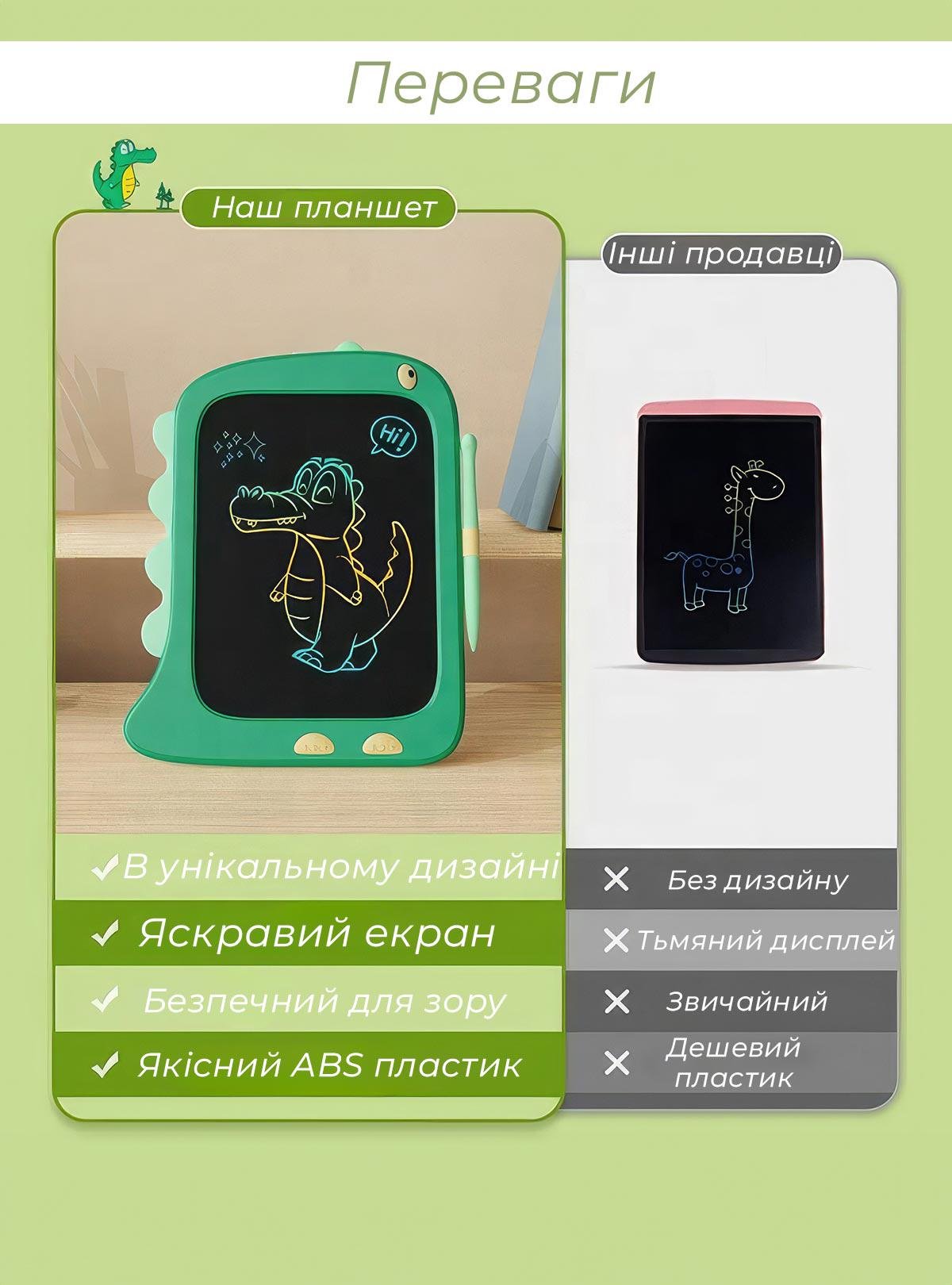 Планшет дитячий LCD DobraMAMA 9180 Динозавр для малювання зі стілусом для дітей Зелений (69165) - фото 6