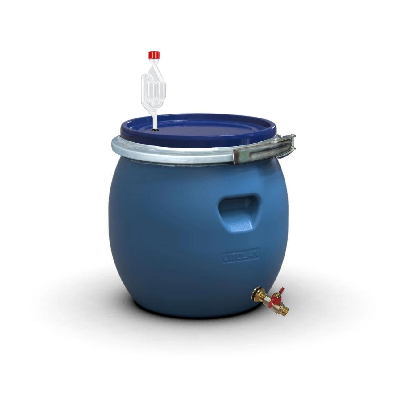 Бочка для брожения Litolan с гидрозатвором S металлическим хомутом и латунным сливным краном 1/2" 35 л (29665М)