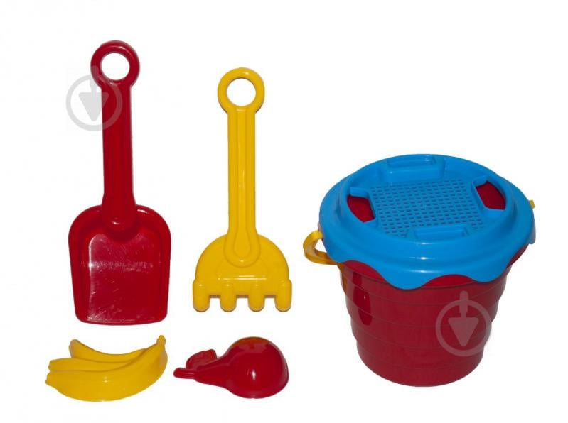 Набор песочный А ведёрко сито лопатка грабельки 2 пасочки Технок Красный (0489)