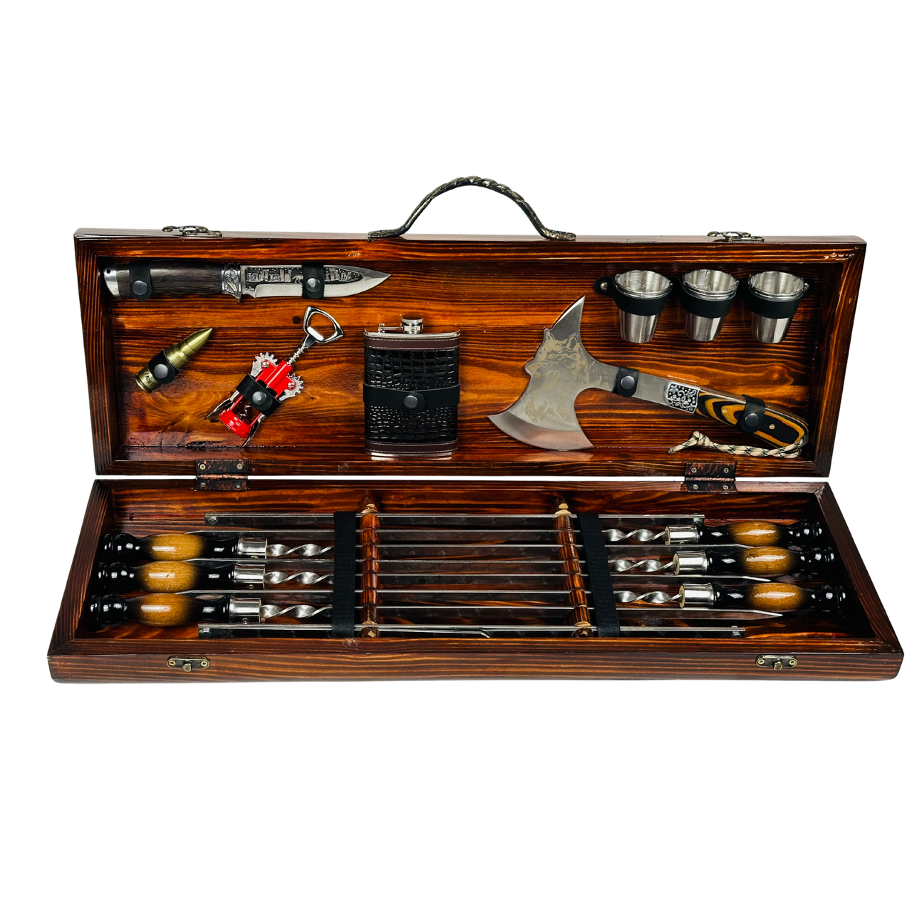 Набор шампуров туристический в деревянном кейсе Волк из нержавеющей стали