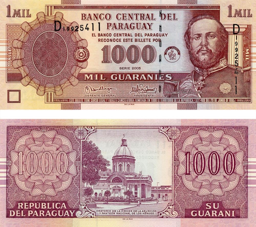 Коллекционная банкнота Парагвай 1000 гуарани 2005 UNC P222 (Б07680)