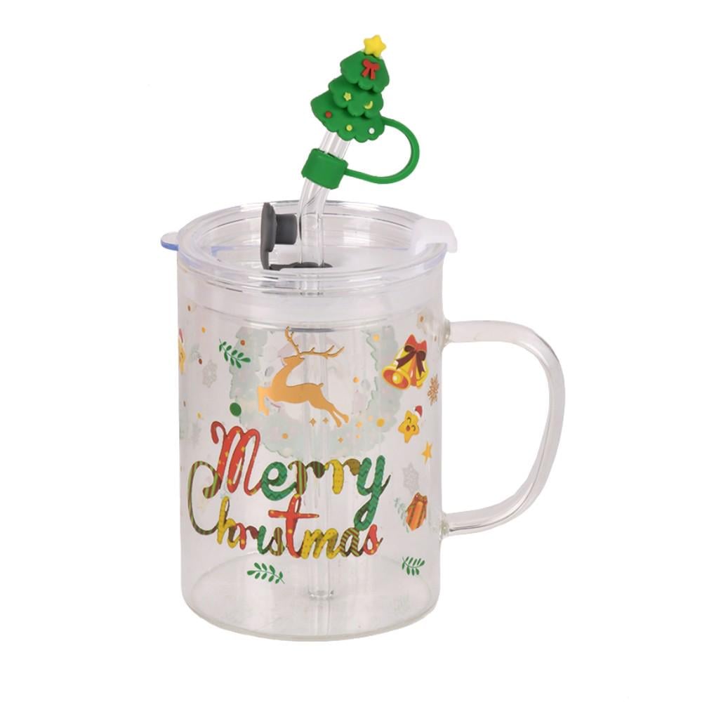 Чашка новогодняя с трубочкой и крышкой Merry Christmas R37217 450 мл Прозрачный (30492616)