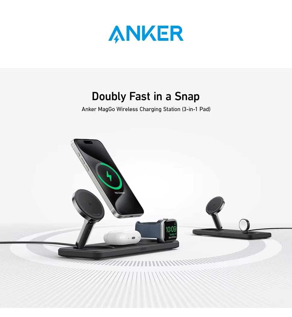 Зарядний пристрій Anker MagGo Foldable 3-in-1 Wireless Charging Stand Qi2 для iPhone Чорний (2000145) - фото 3