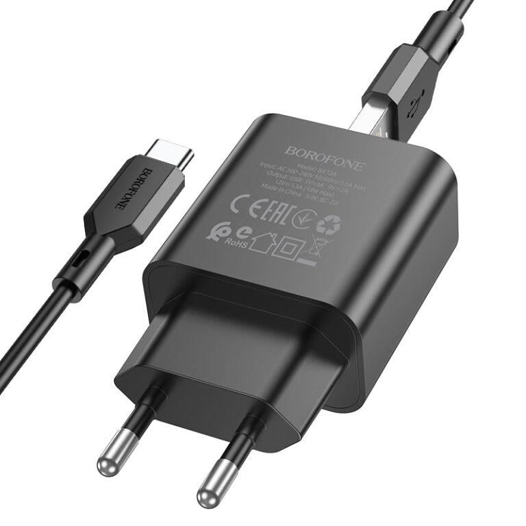 Зарядное устройство для телефонов с кабелем Borofone BA72A Spring single port QC3.0 charger set Type-C 18W Black (19186)