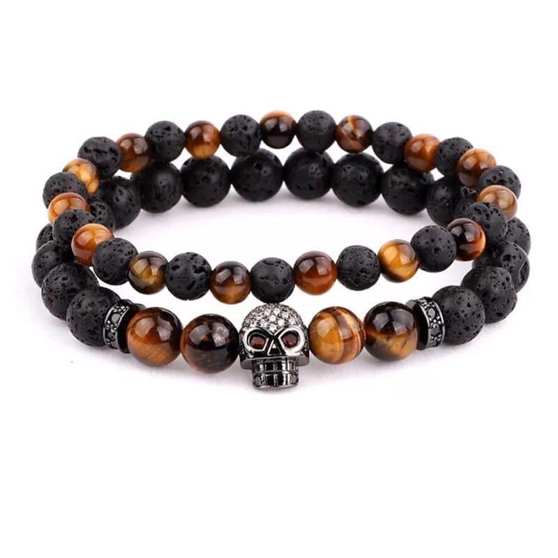 Комплект браслетів з лавового каменю та тигрового ока з чорним черепом р. 14 (12046)