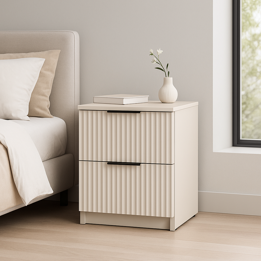 Тумба приліжкова ТП3 SENAM 480х400х400 мм корпус ДСП Кашемір фасад МДФ фарба NCS S 2002-Y50R Шовк мат фрезерерування Плаше Грос