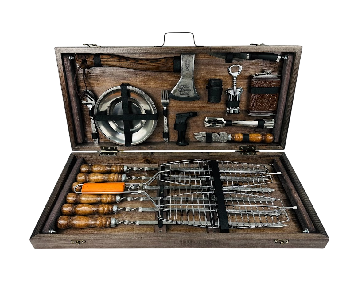 Набор шампуров Титан для пикника 37 предметов с аксессуарами из столом-трансформером 74х34х10 см Коричневый (124-10-KS-7505)