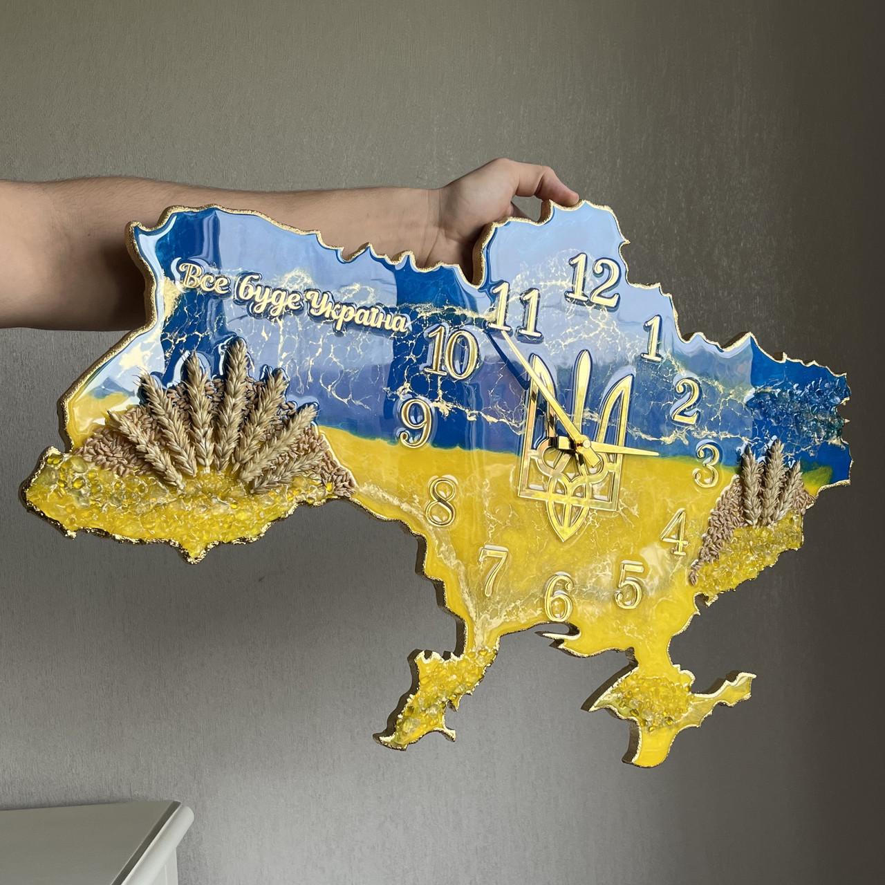 Годинник настінний з епоксидної смоли Карта України 40x25 см