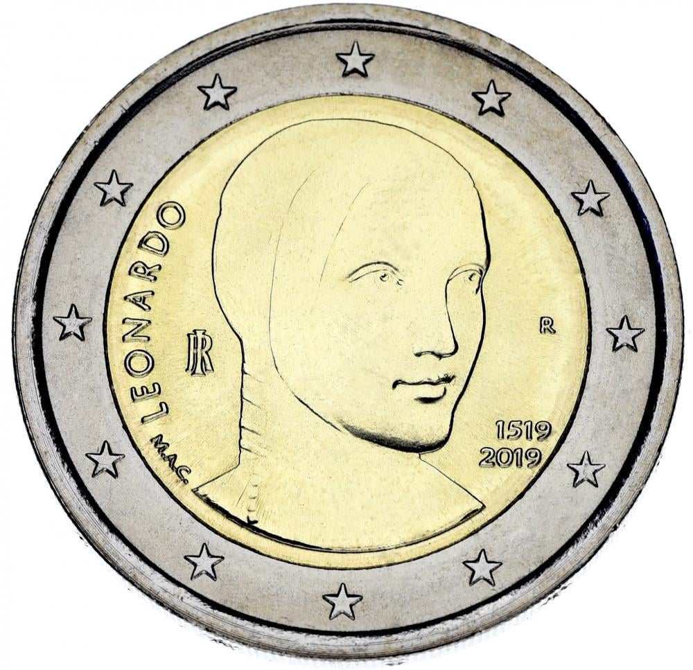 Коллекционная монета Италия 2 евро 2019 Биметалл 500 лет со дня смерти Леонардо да Винчи UNC (М12437)