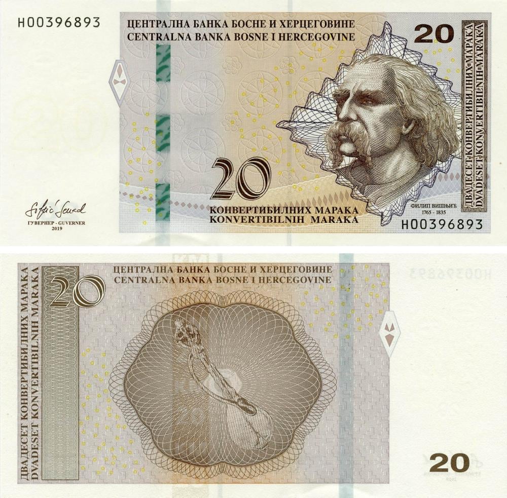 Коллекционная банкнота Босния и Герцеговина 20 марок 2019 UNC Кириллица-Латиница P83 (Б17916)