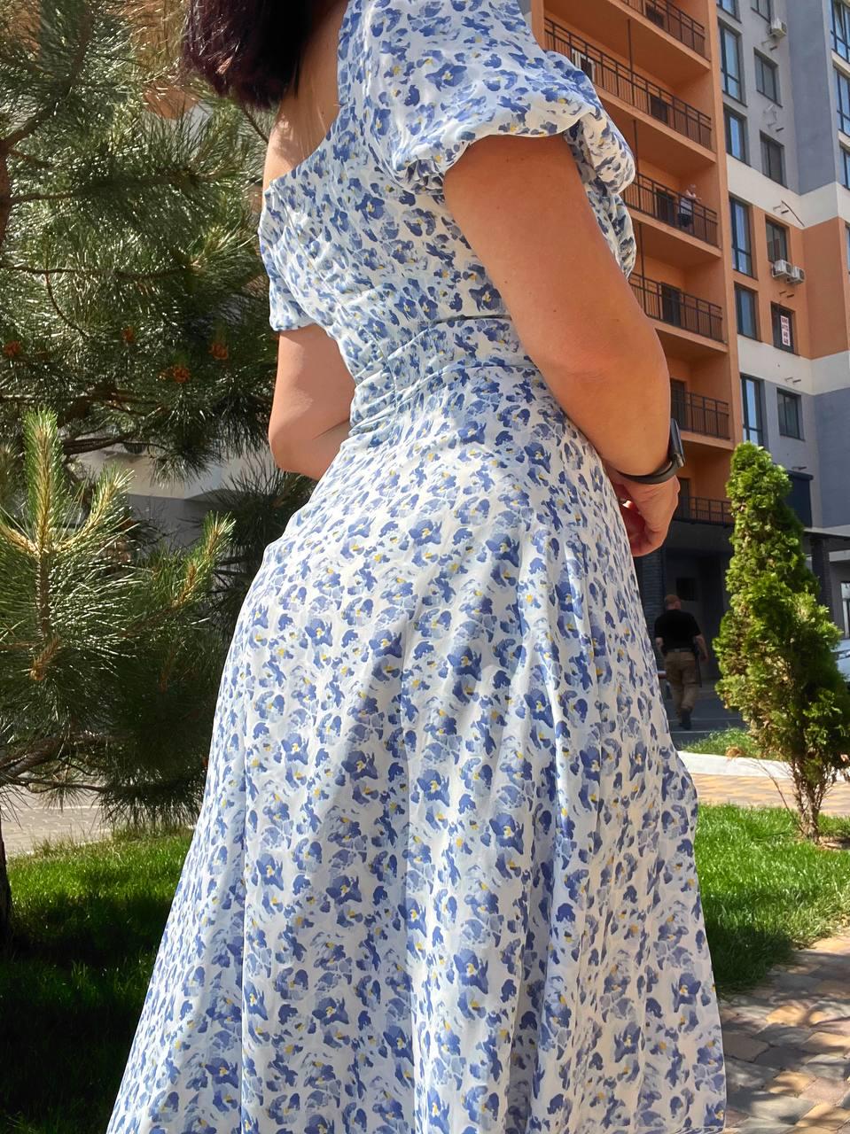 Платье женское летнее A-N 2669 цветочный принт разрез шнурок на груди длинное M Голубой (2044) - фото 2