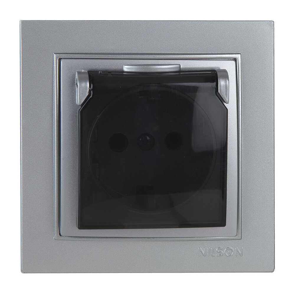 Розетка Nilson Thor одинарная с заземлением с крышкой Серебристый (27131018)