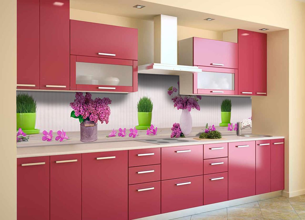 Фартук кухонный Трава и сирень букет в горшочке из самоклеющейся виниловой пленки 65х250 см Серый