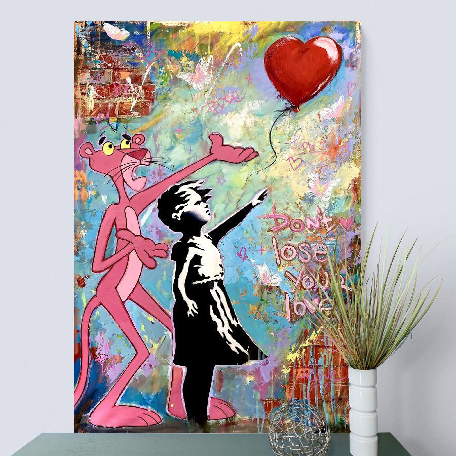 Картина на холсте Розовая пантера и девочка с воздушным шаром HolstPrint 60х90 см