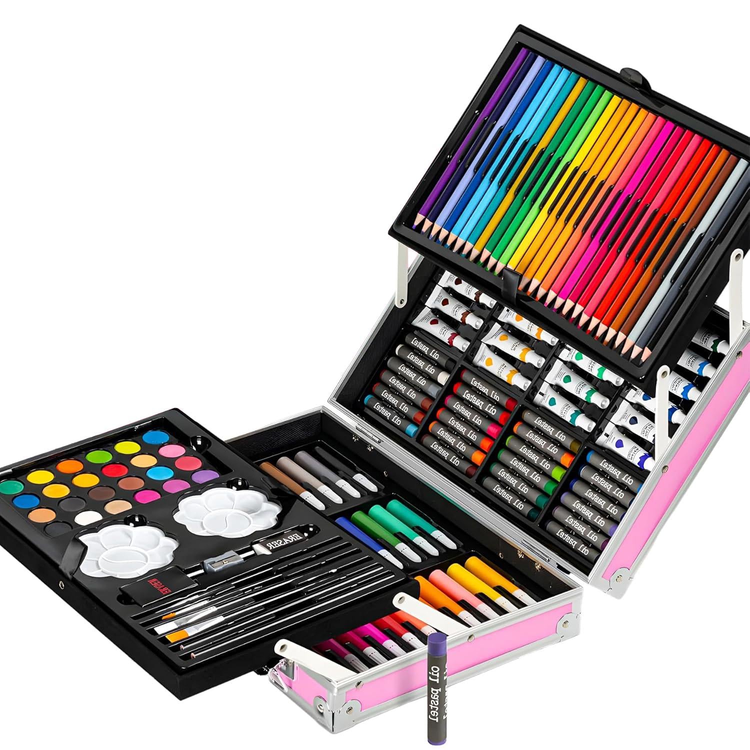 Набор для рисования краски/фломастеры/карандаши в чемодане 145 пр. Розовый