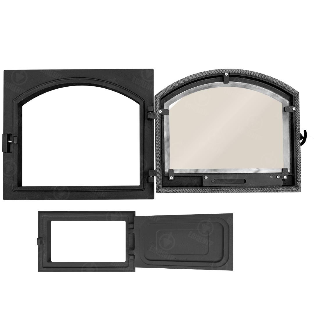 Комплект чавунних дверцят замковий з регулятором тяги з вогнетривким склом XL 490x420 мм/піддувальний замковий 265x165 мм - фото 3 Комплект чавунних дверцят замковий з регулятором тяги з вогнетривким склом XL 490x420 мм/піддувальний замковий 265x165 мм - фото 3