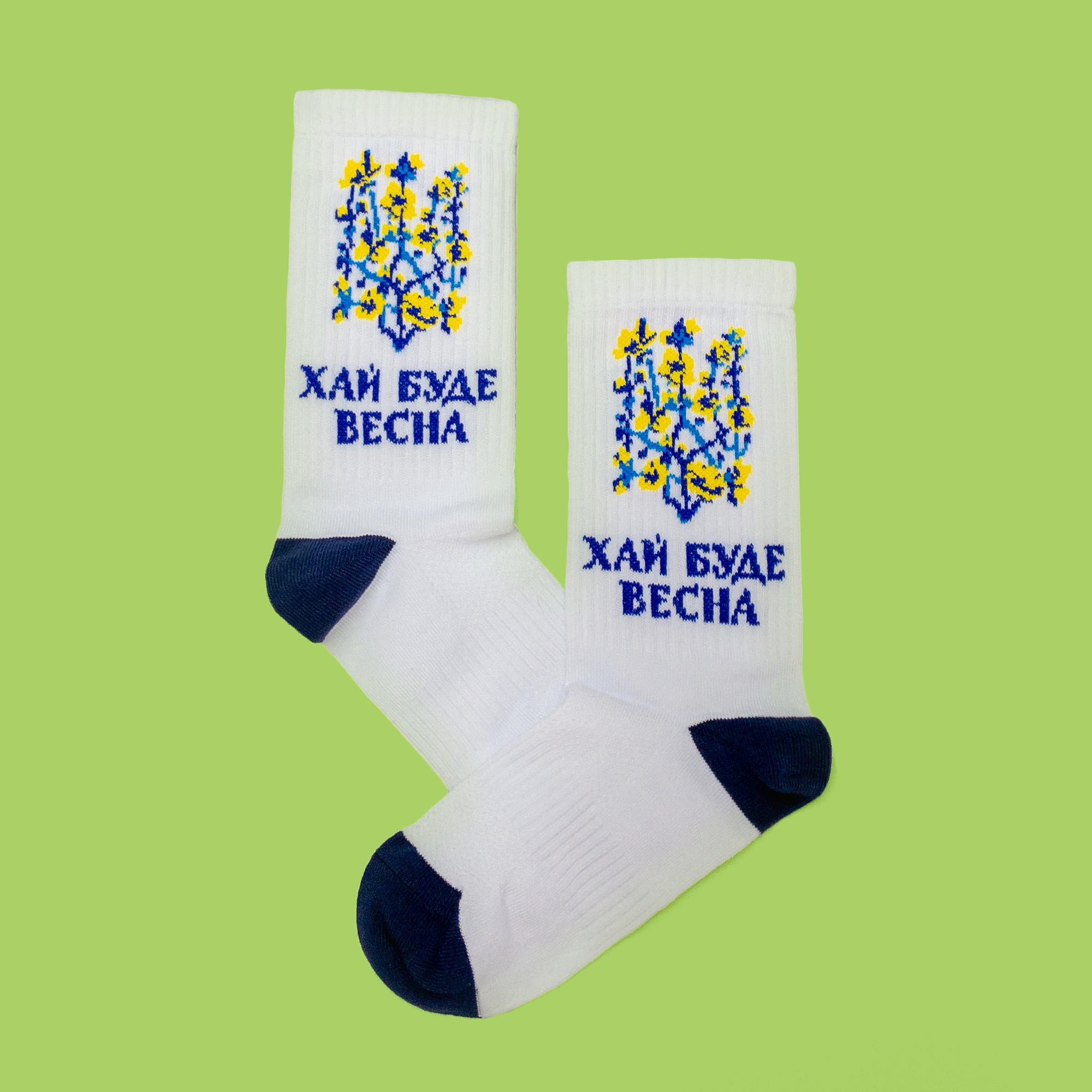 Шкарпетки "Хай буде весна" з жовто-синіми квітами Білий (Vesna-white-1) - фото 4