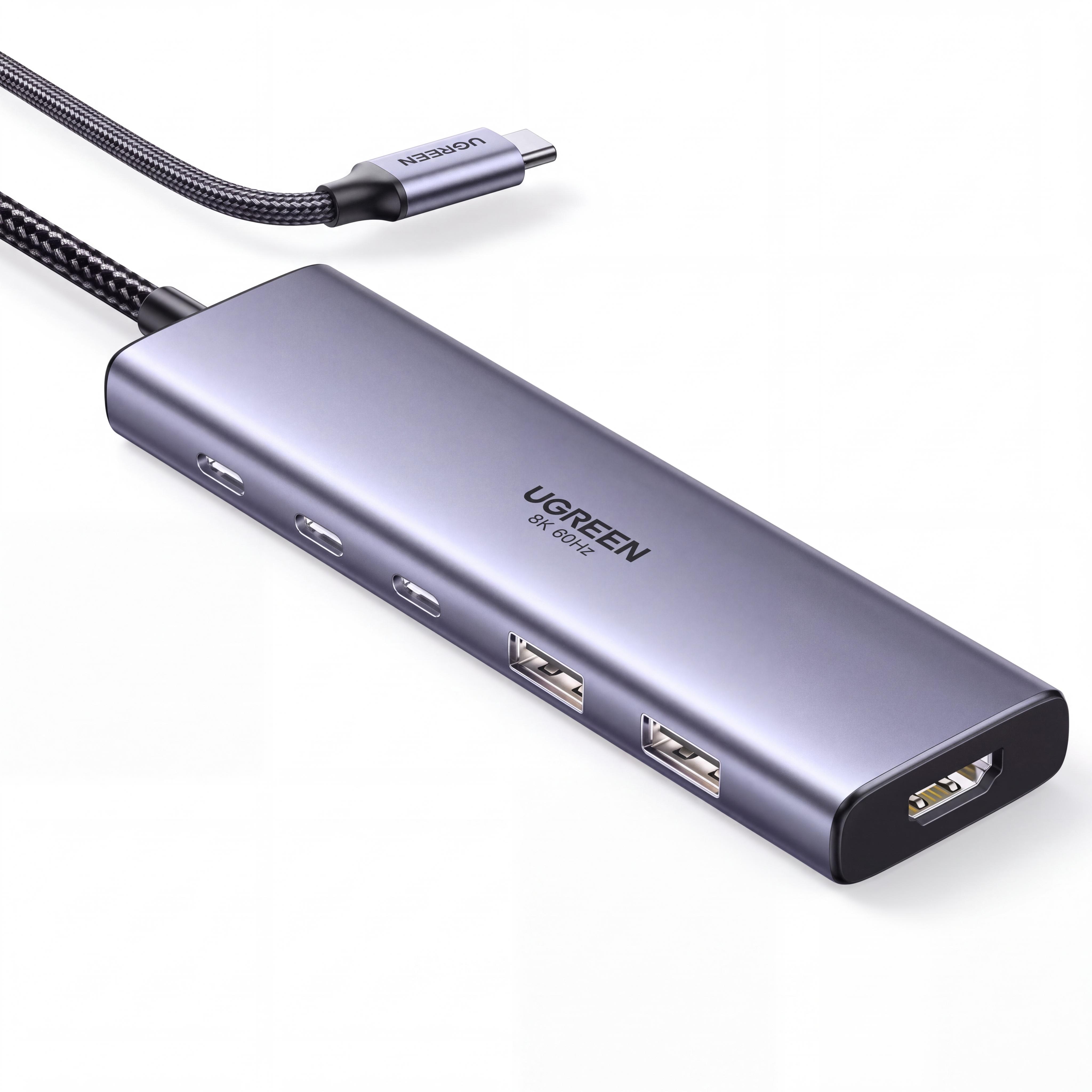 USB4-хаб UGREEN CM500 6в1 2 USB-A/2 USB-C данные до 10 Гбит/с суммарно HDMI 8K 60 Гц HDMI через USB-C с DP Alt Mode зарядка PD до 95 Вт Серый (25102)