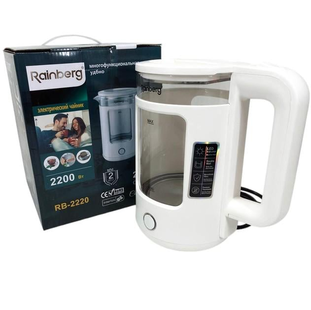 Електрочайник скляний Rainberg RB-2220 2200 Вт з підсвічуванням Білий (GR-05133)