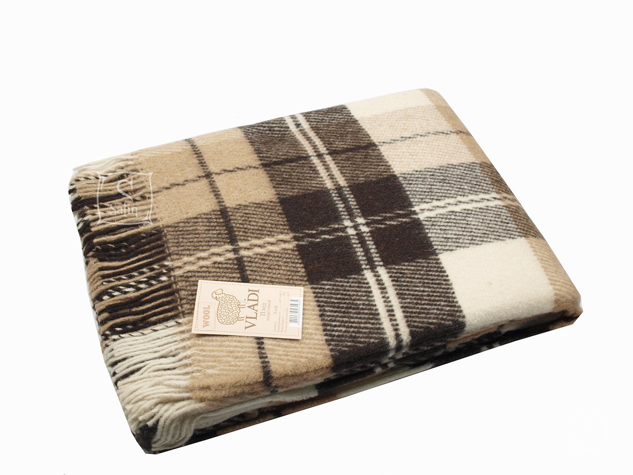 Плед шерстяной Vladi полуторный 140х200 "Эльф", бежевый клетка