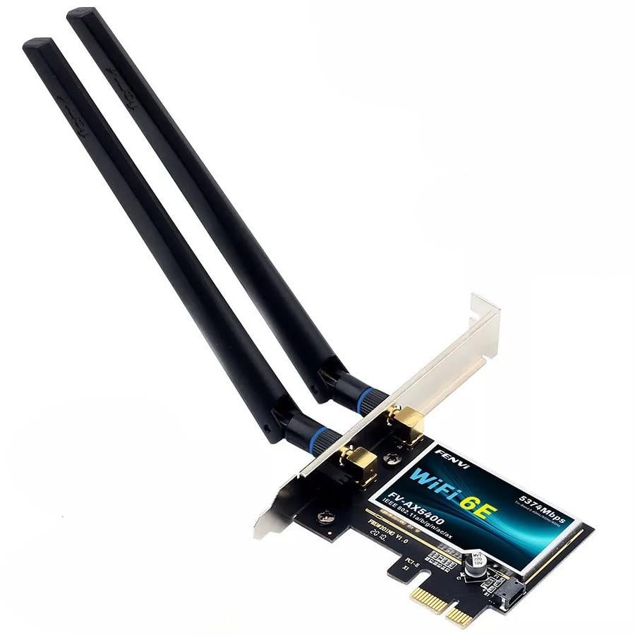 Сетевая карта геймерская трехдиапазонная WiFi+Bluetooth 5.3 PCI-E Fenvi FV-AX5400 2.4G/5G/6Ghz 5374 Mbps и 2 антенны (18842) Сетевая карта геймерская трехдиапазонная WiFi+Bluetooth 5.3 PCI-E Fenvi FV-AX5400 2.4G/5G/6Ghz 5374 Mbps и 2 антенны (18842)