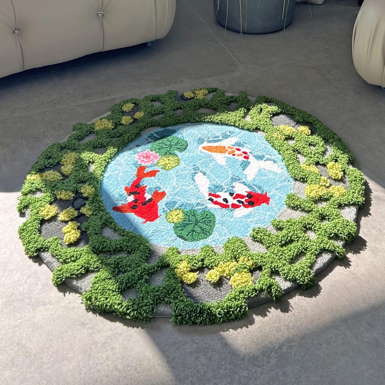 Килим ручної роботи з об'ємним візерунком Рибки у ставку 100х100 см