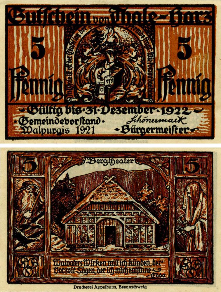 Коллекционная банкнота Германия Нотгельд 5 пфеннигов 1921 F-VF Тале (Б18397)
