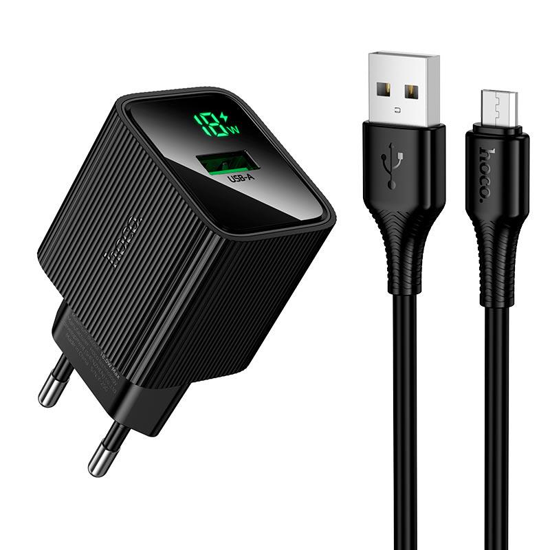 Зарядное устройство с цифровым дисплеем Hoco CS81A 18 Вт с портом 1xUSB-A и кабелем Micro USB Black (24374)