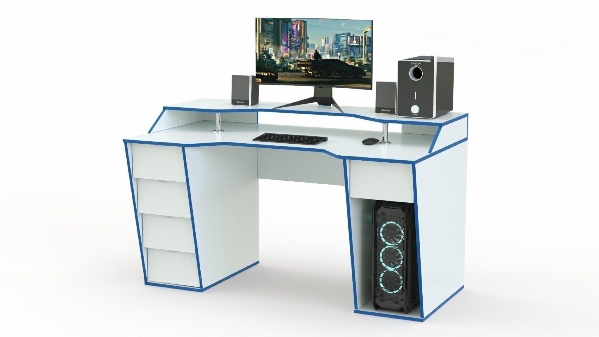 Геймерский стол COMFORT X1600 с надстройкой и ящиками 160х90х95 см Белый с синим